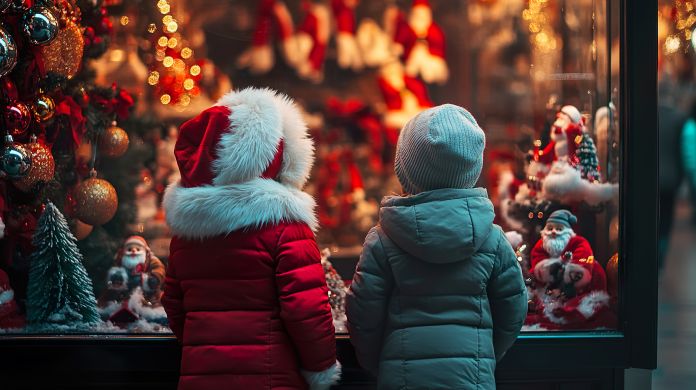 Two young children admiring a festive Christmas display in winter coats Buon Natale