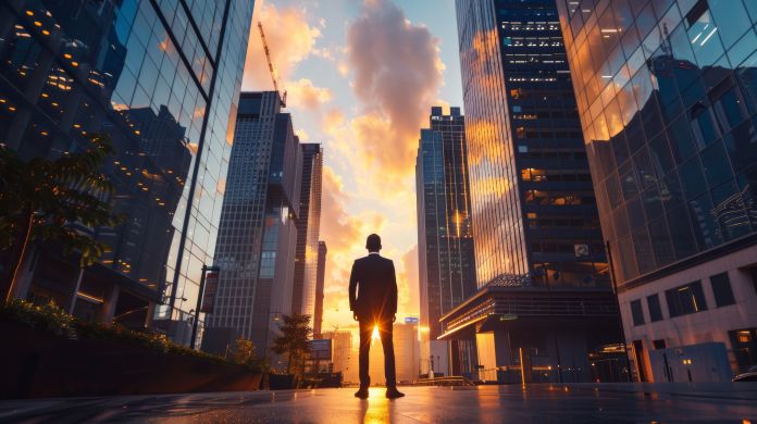 A successful, happy, wealthy businessman stands in a big city, a street, modern skyscrapers at sunset, thinking about his vision for the future. Il capo che vorrei