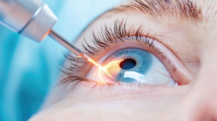 Close-up of an eye during laser surgery, showcasing precision treatment for vision correction and advanced medical technology. Cataratta
