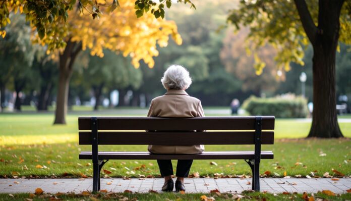 Elderly Woman Contemplating in Park Autumn Serenity and Reflection Anzianità