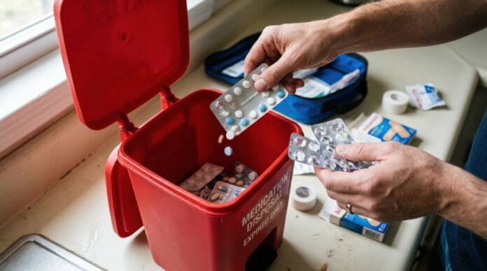 Hands toss leftover tablets in blister packs into red trash bin during home first aid kit cleanup routine and safety check, expired medicine disposal concept, healthcare organization and responsible