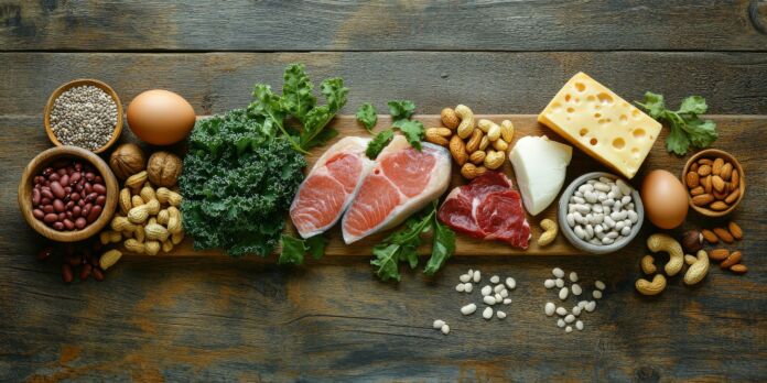 Variety of animal and plant protein sources displayed on a wooden background, featuring fish, meat, beans, cheese, eggs, nuts, seeds, and kale, highlighting diverse protein options. Proteine